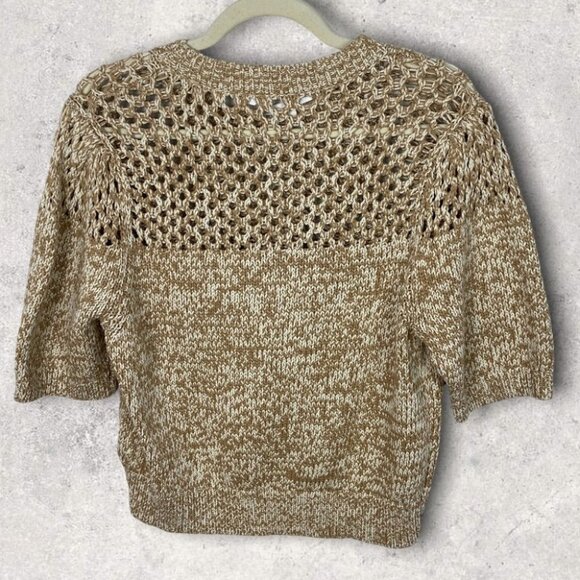 NEW Veronica Beard Crochet Knit Beige Tan Short‎ Sleeve Sweater Top Size Large L - Picture 5 of 12